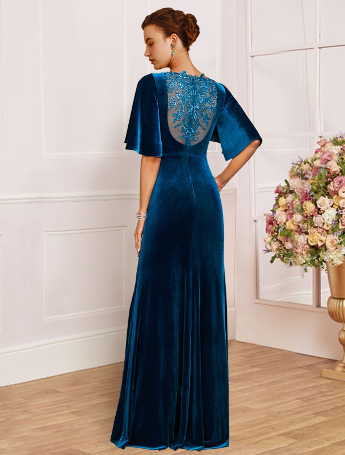 Mother of the Bride Dress Wedding Guest Vintage Elegant Scoop Neck Velvet Half Sleeve with Lace Pleats Beading