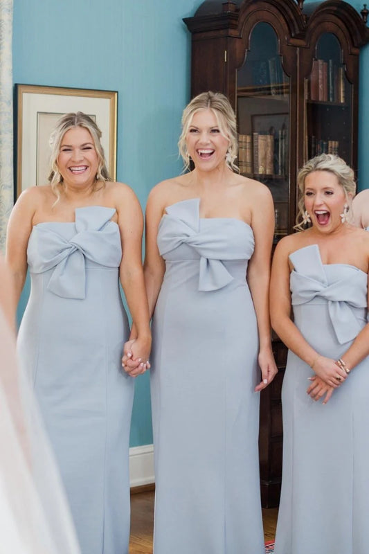 Unique Sky Blue Sheath Strapless Tie Front Sleeveless Low Cost Floor Length Bridesmaid Dresses