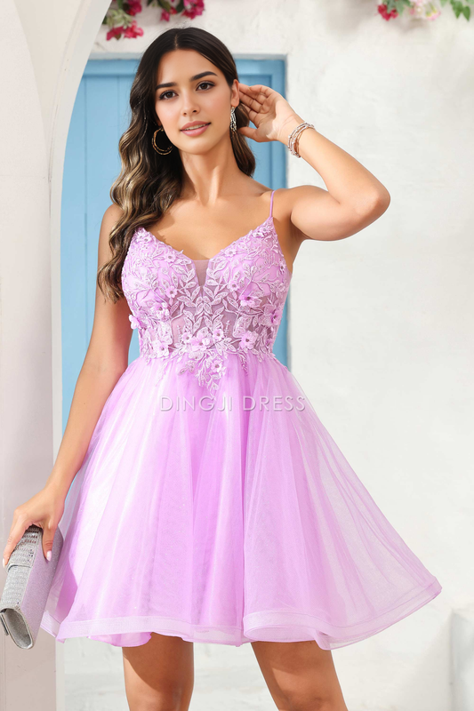 DingJiDress Hot Sale Homecoming Dress Fashion A Line V Neck Spaghetti Straps Backless See-Through Applique Charming Mini Dress