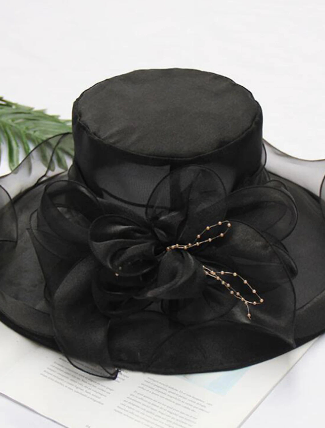 DingJiDress Straw Hat Vintage Style Elegant Tulle Hats Headwear with Faux Pearl Flower Ruffle 1 PC Wedding Party