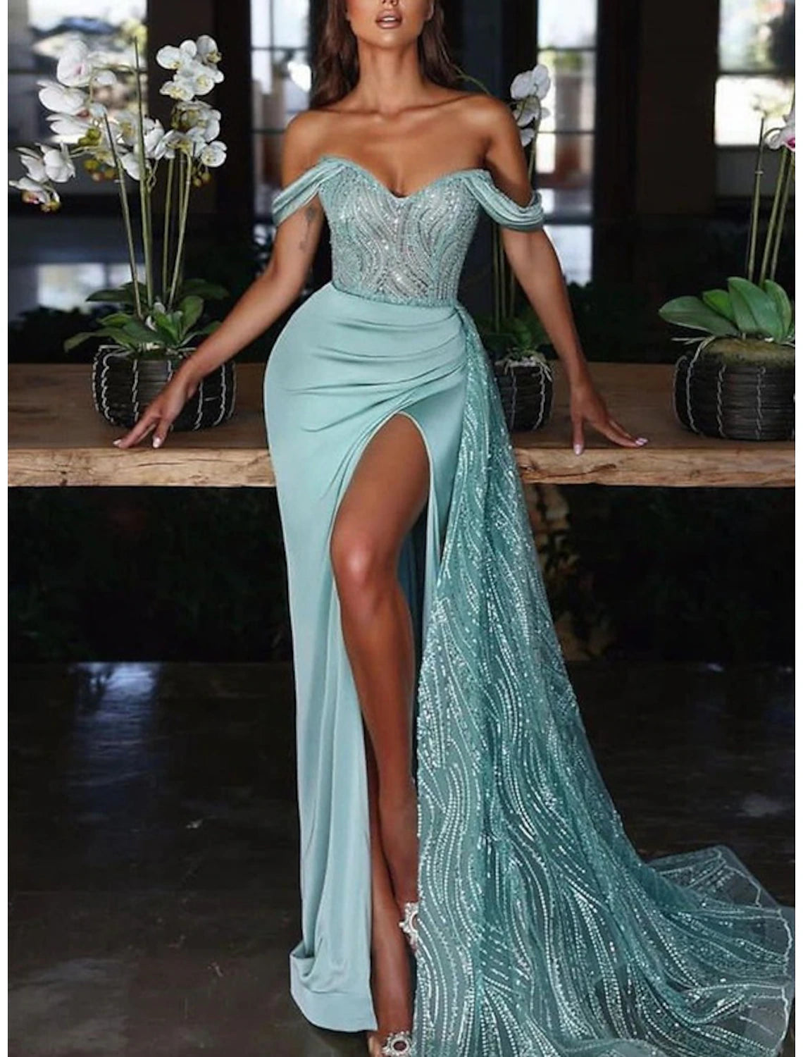 Mermaid / Trumpet Evening Gown Sexy Dress Formal Wedding Guest Court Train Sleeveless Off Shoulder Charmeuse with Ruched Sequin