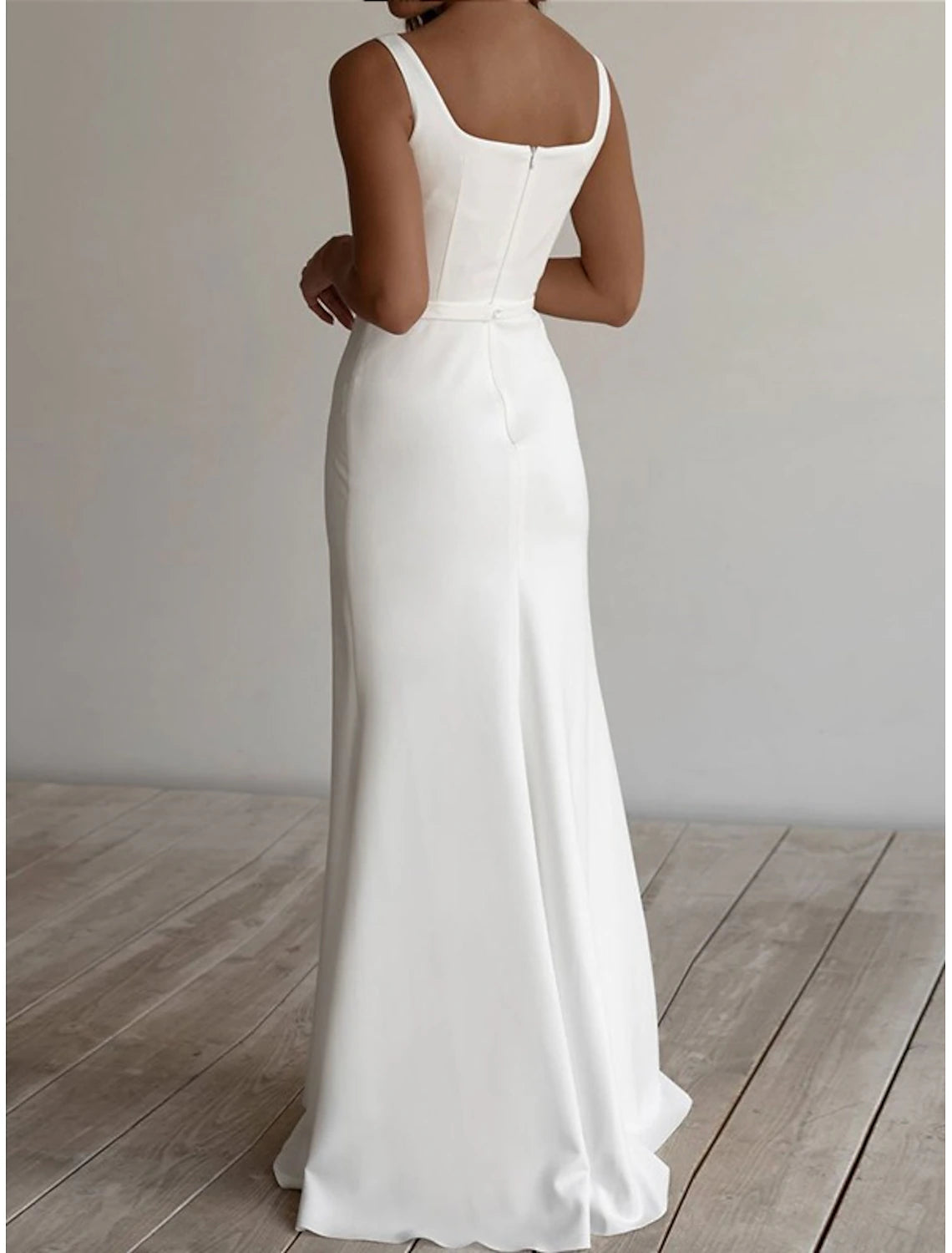 DingJiDress Beach Casual Wedding Dresses Sheath / Column Square Neck Sleeveless Floor Length Stretch Fabric Bridal Gowns