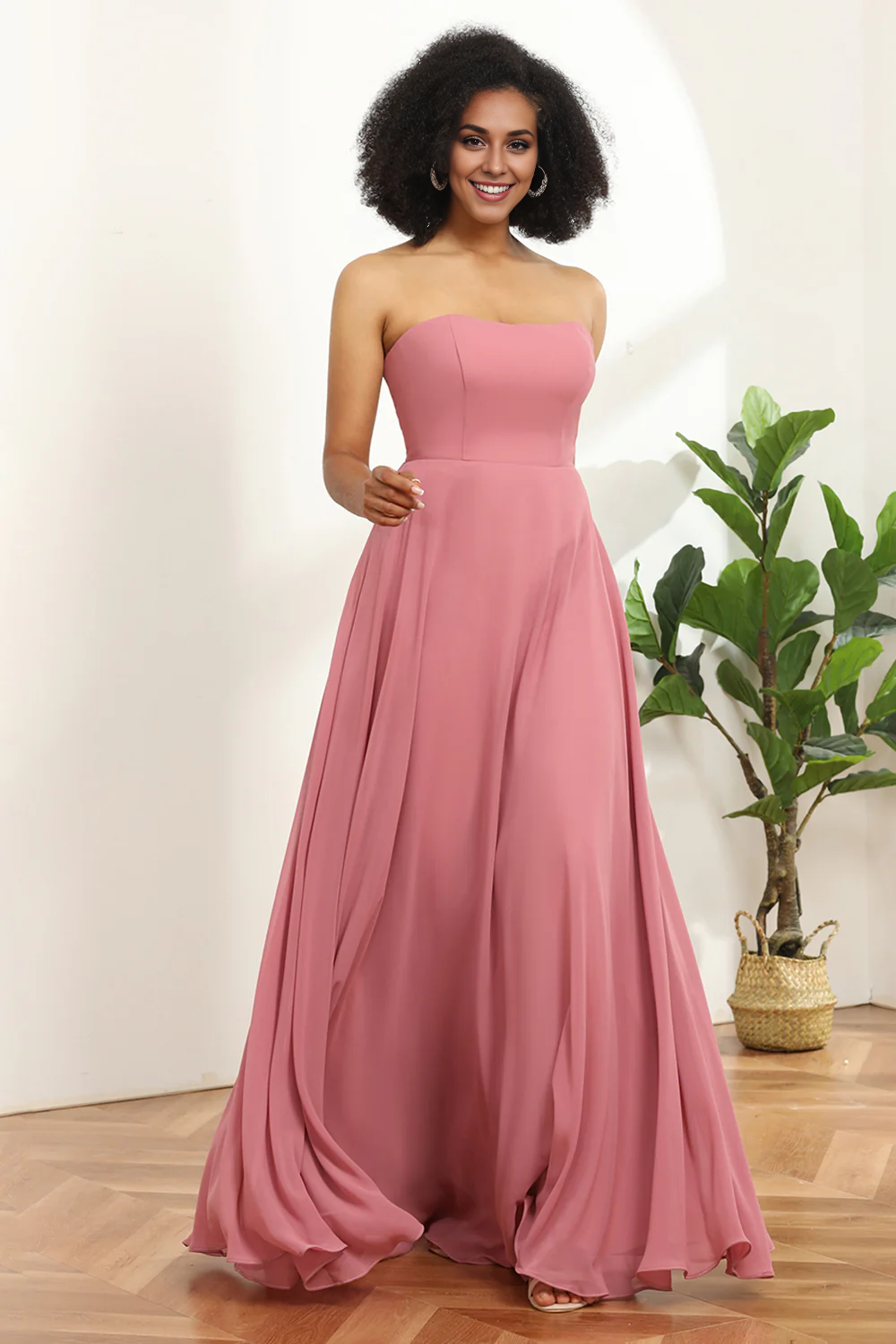 DingJiDress Blush Wedding Guest Dresses Sweetheart Long Chiffon Bridesmaid Dress with Bowknot
