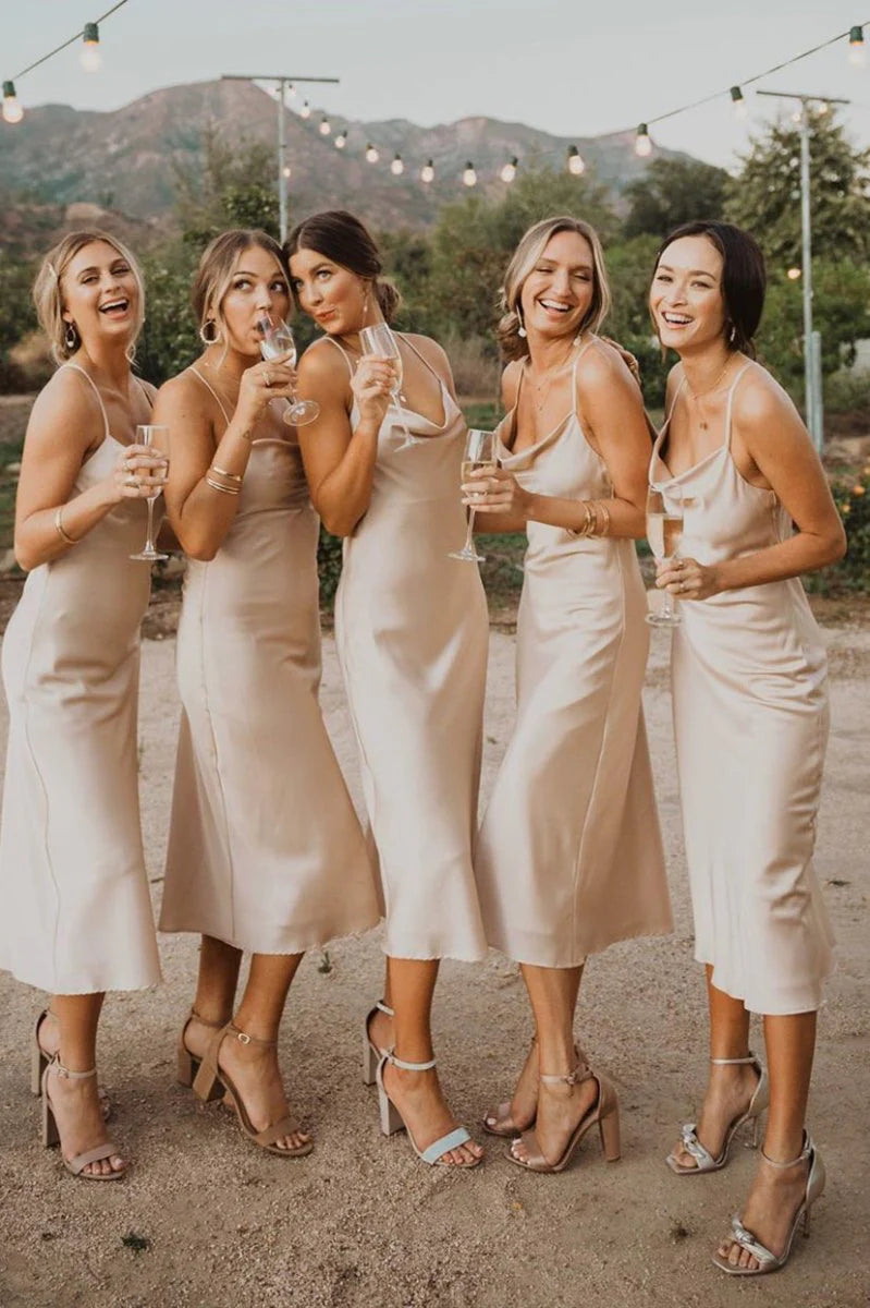 Classic Simple Champagne Sheath Spaghetti Straps Cowl Neck Sleeveless Backless Low Cost Tea-Length Bridesmaid Dresses