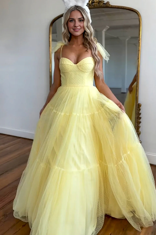 DingJiDress A-Line Tie Spaghetti Straps Tulle Romantic Long Prom Dress