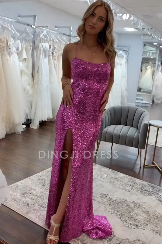 DingJiDress Sparkly Sequin Mermaid Spaghetti Straps Backless Long With Split Prom Dress