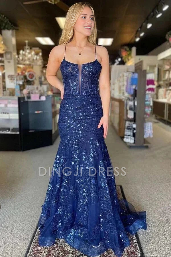 DingJiDress Formal Dress Mermaid Spaghetti Strap Bateau Lace Appliques Party Sparkle Prom Dress
