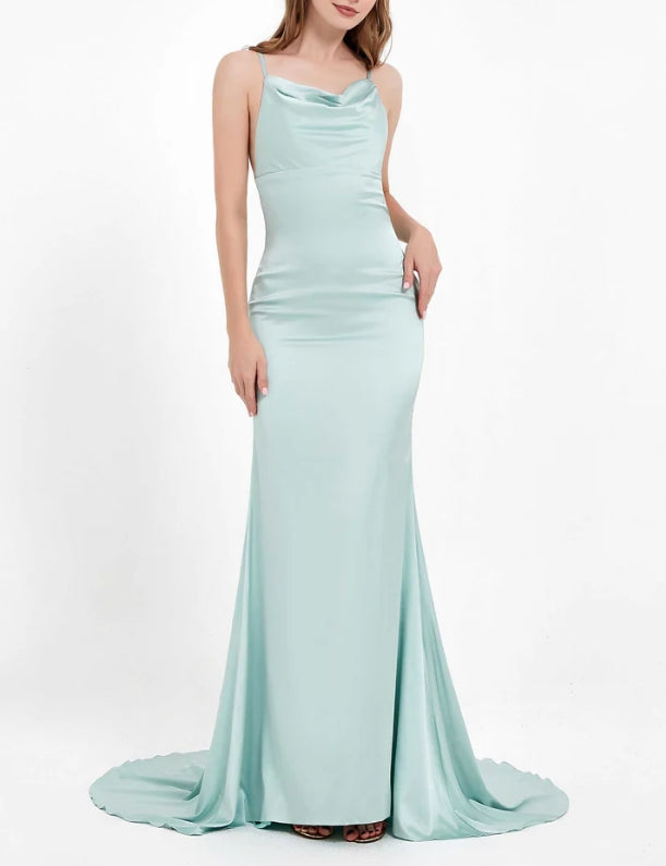 DingJiDress Evening Dress Charming Mermaid Cowl Neck Spaghetti Straps Open Back Elegant Satin Dress Simple Formal Dress