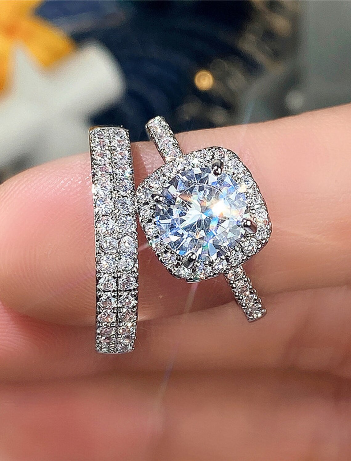 DingJiDress Ring Wedding Classic Platinum Gold Copper Precious Fashion Simple 2pcs Zircon