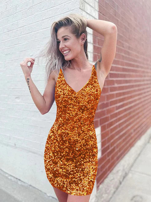 DingJiDress Sexy Fitted V-Neck Sleeveless Short Velvet Sequin Prom Dress