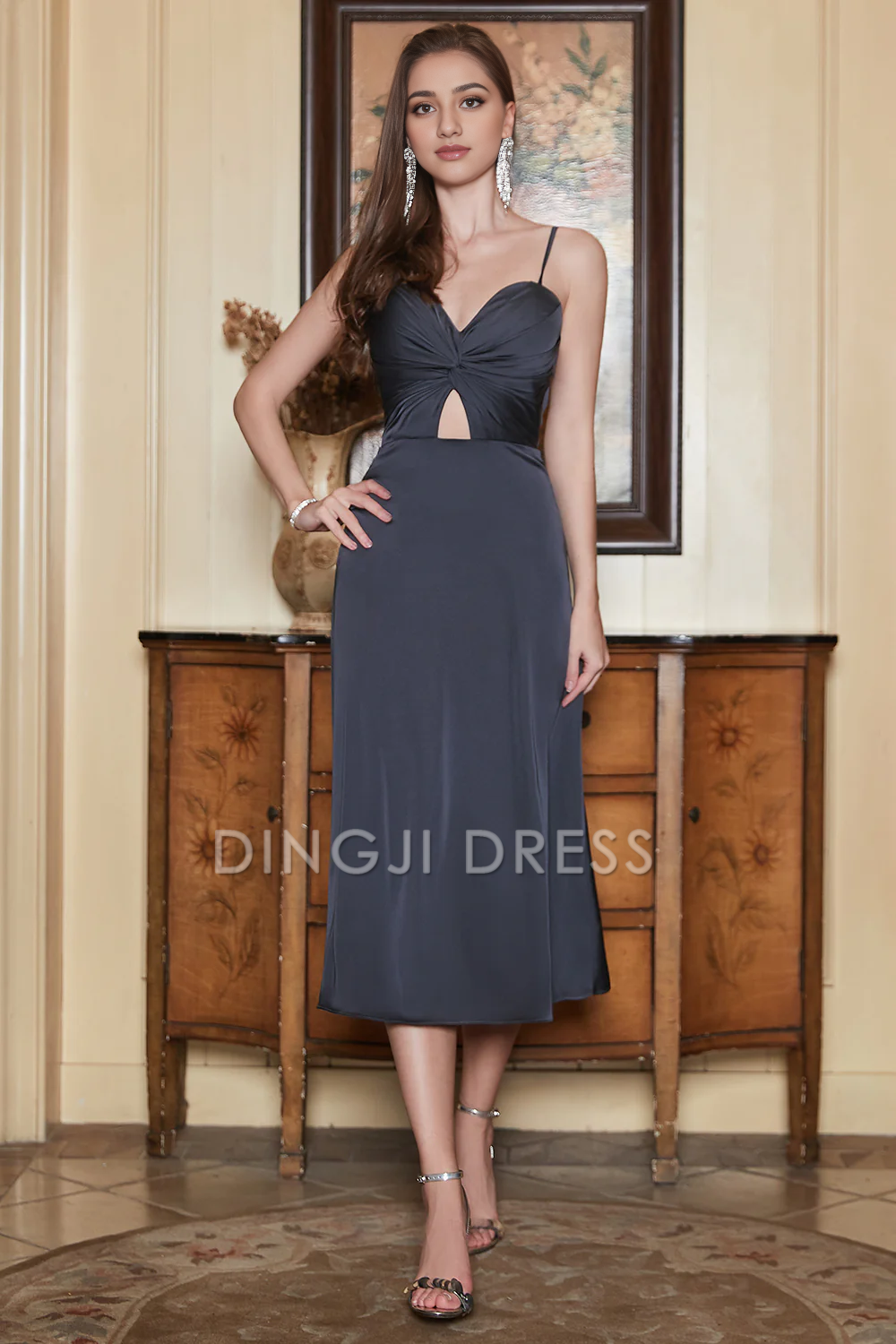 DingJiDress High Quality Dress Elegant Spaghetti Strap Sweetheart Keyhole Simple Tea-Length Prom Dress