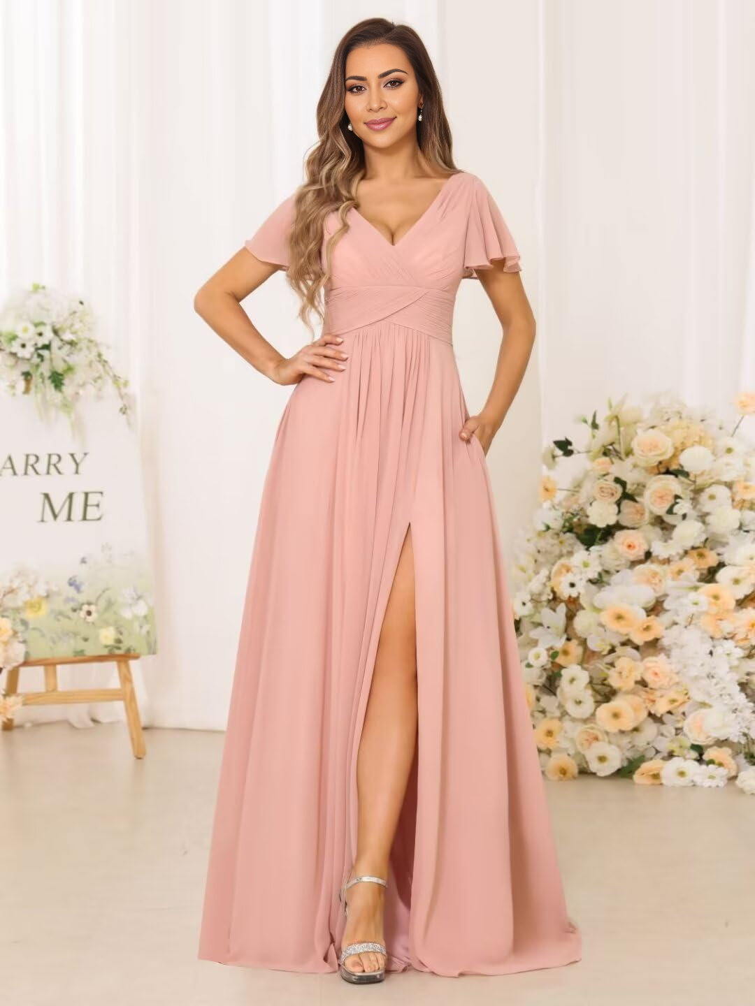 DingJiDress Bridesmaid Dresses Exquisite V Neck Pleated Side Slit Romantic Formal Wear Dresses