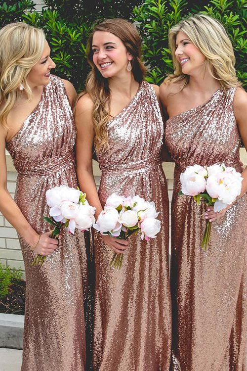 Sparkle Rose Gold Sequins Sheath One Shoulder Sleeveless Pleated Low Cost Floor Length Bridesmaid Dresses