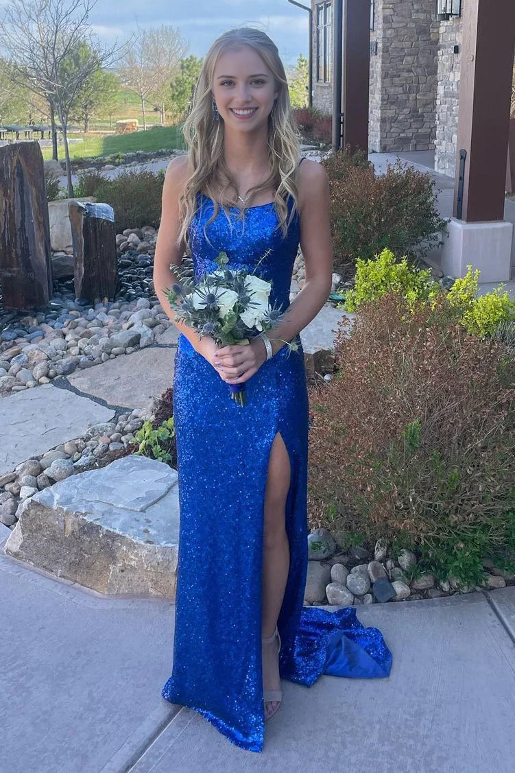 DingJiDress Formal Dress Charming Mermaid Spaghetti Strap Bateau Sleeveless Backless Lace Up Side Fork Party Sparkly Prom Dress