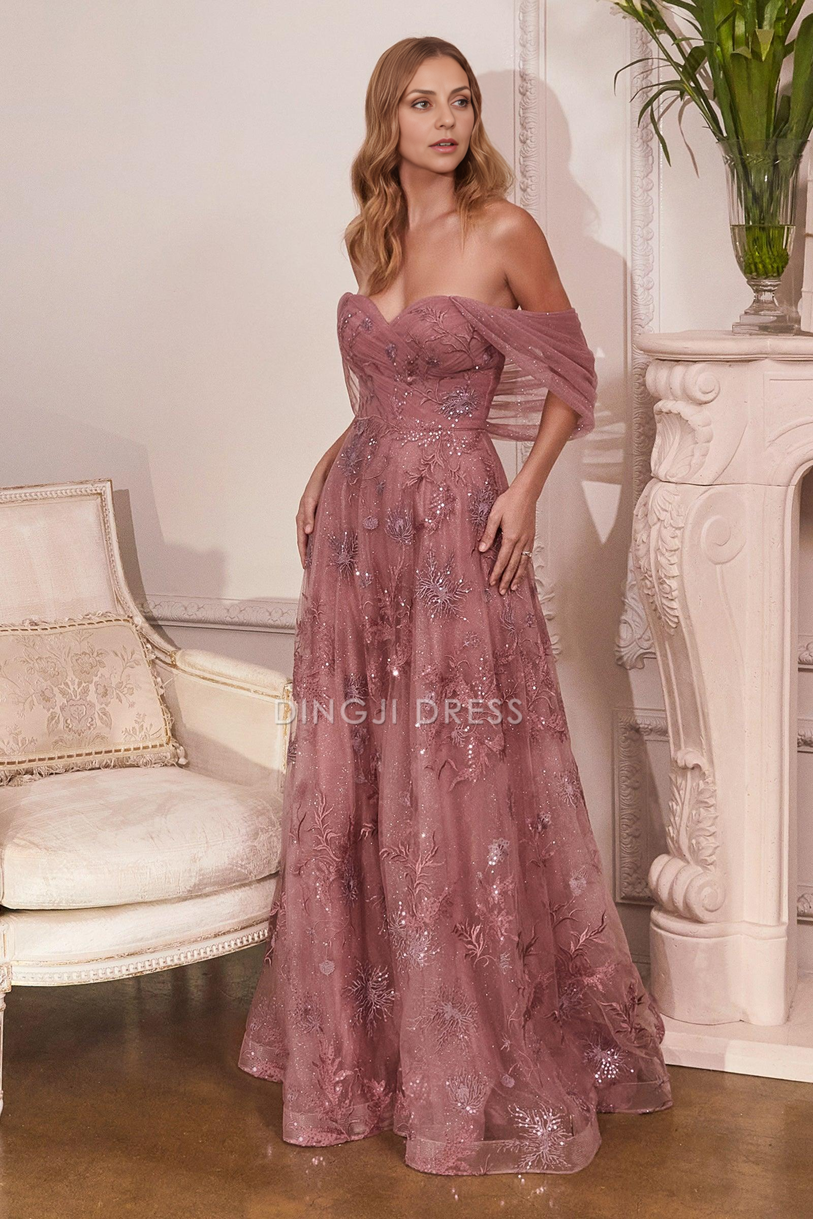DingJiDress Evening Dress Gorgeous A Line Off Shoulder Sweetheart Neckline Sparkling Exquisite Long Mother Of The Bride Dress