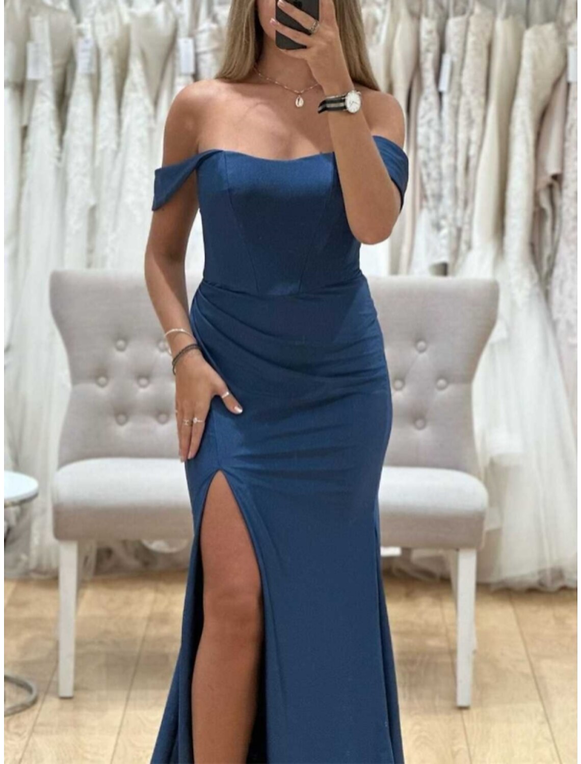Sheath / Column Bridesmaid Dress Off Shoulder Short Sleeve Blue Floor Length Stretch Fabric with Split Front / Ruching