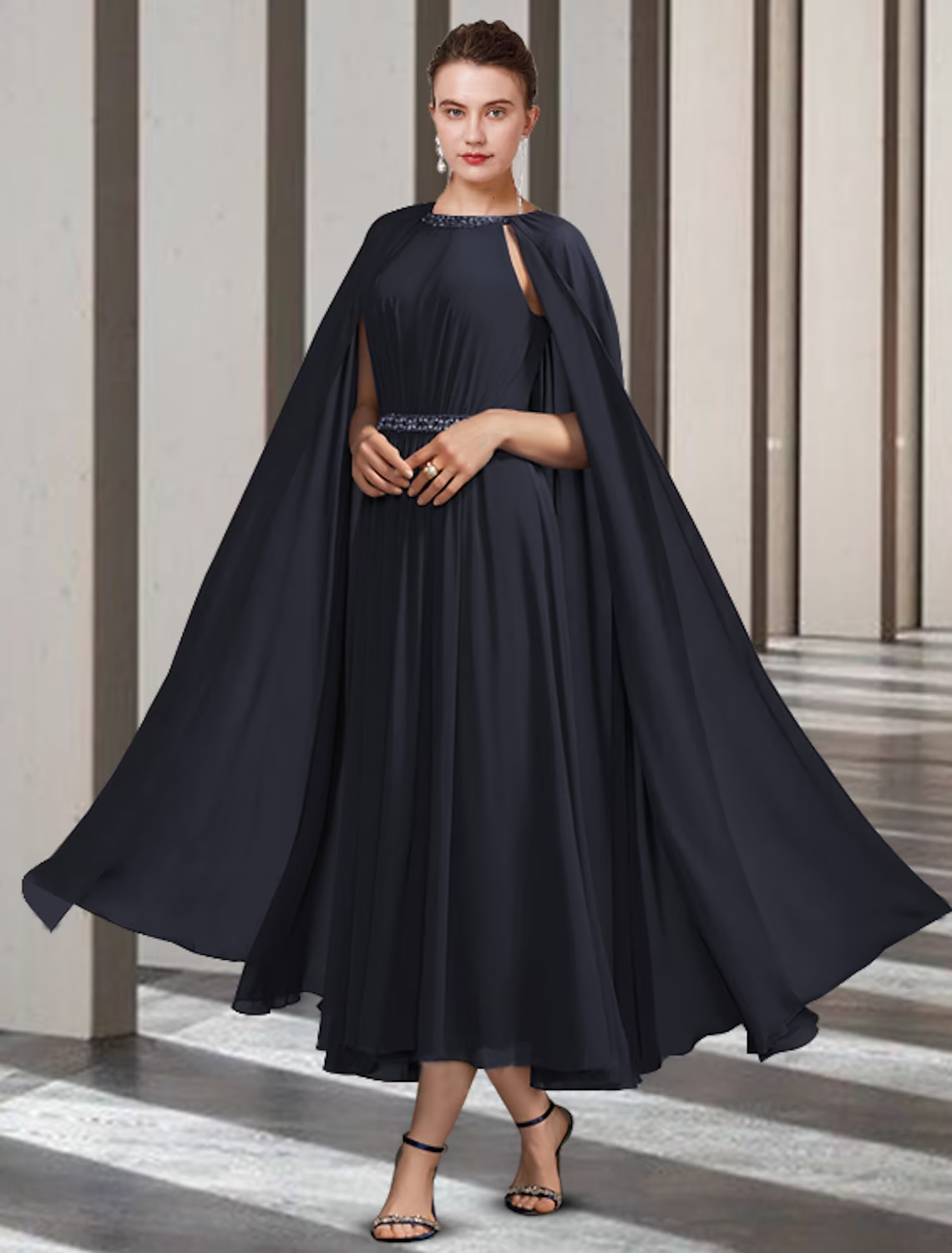 A-Line Mother of the Bride Dress Elegant Ankle Length Chiffon Sleeveless with Pleats Beading Crystal Brooch