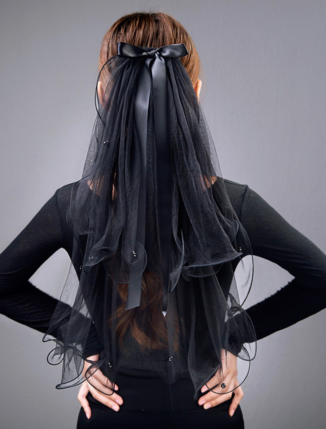 DingJiDress Two-tier Personalized / Pearls Wedding Veil Elbow Veils with Faux Pearl / Satin Bow Tulle