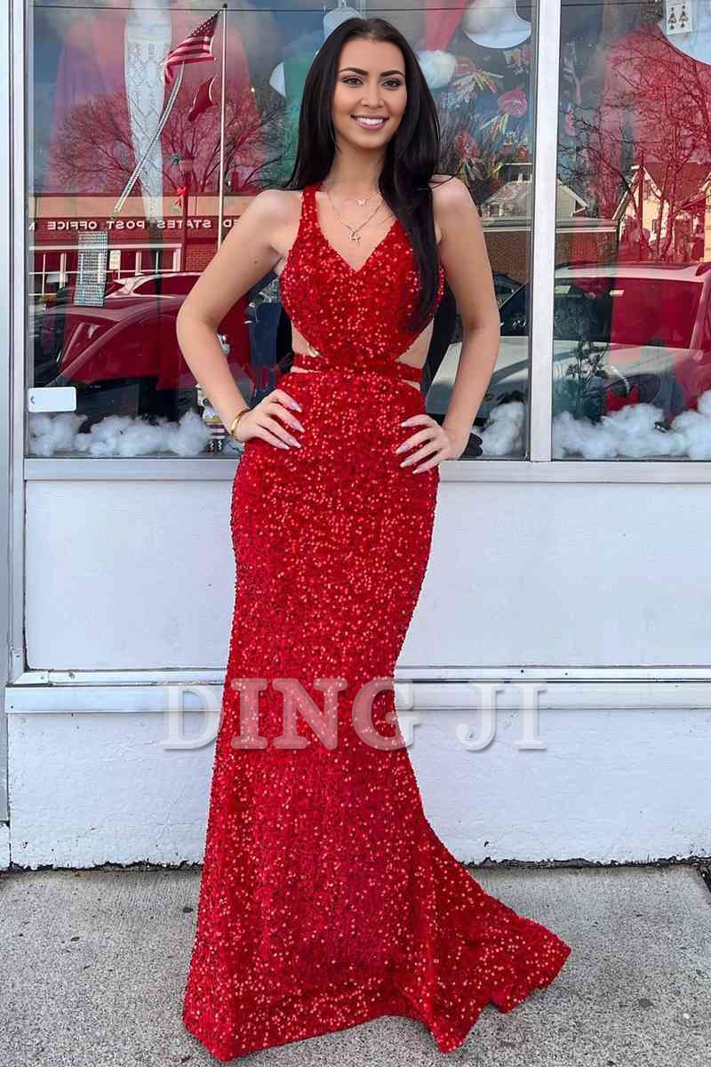 DingJiDress Sparkle Evening Dress V Neck Mermaid Cultivate oneself Sequins Backless Long Prom Dress Sparkle Formal Wear Dresses Wedding Guest Dresses