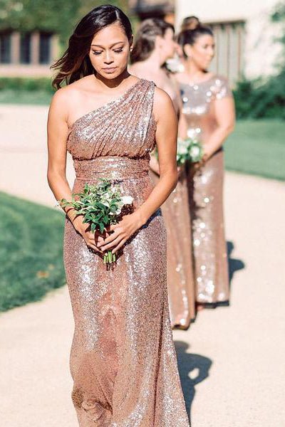 Sparkle Rose Gold Sequins Sheath One Shoulder Sleeveless Pleated Low Cost Floor Length Bridesmaid Dresses