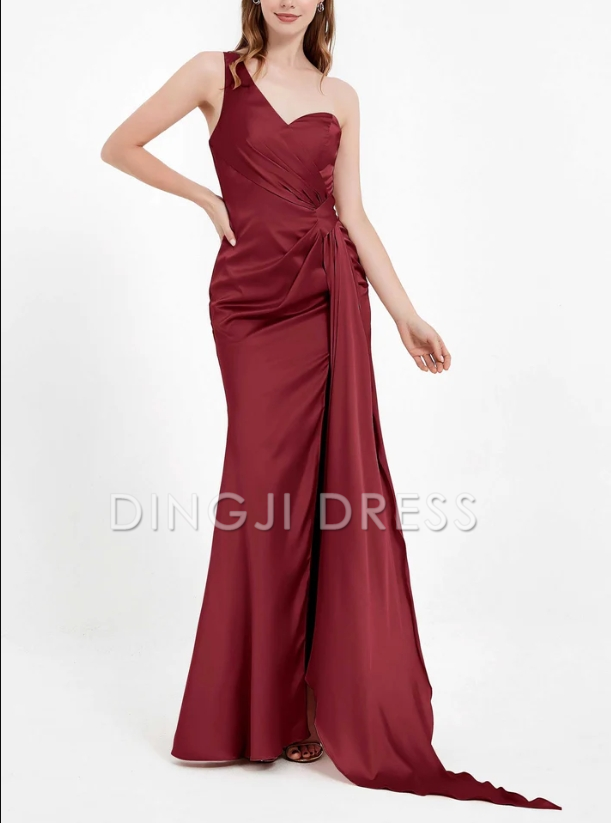 DingJiDress Evening Dress Exquisite Sheath One Shoulder Sleeveless Pleated Luxe Long Satin Floor-Length Elegant Formal Dress