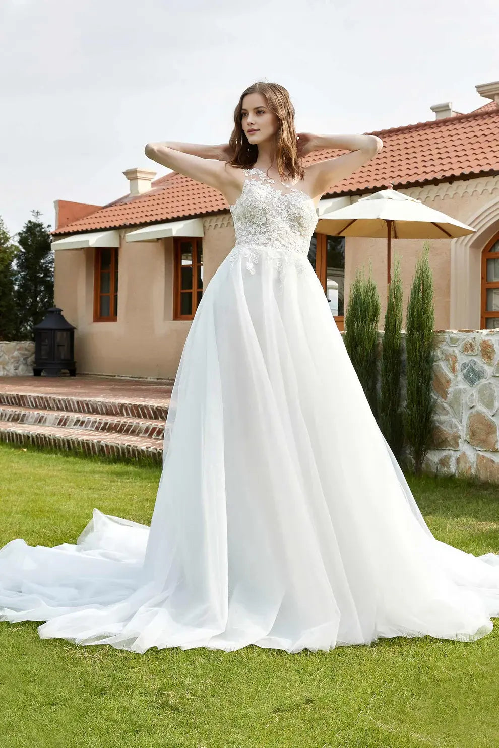 Fashion A-Line One Shoulder Sleeveless Tulle Lace Applique Backless Affordable Hot Sale Wedding Dress