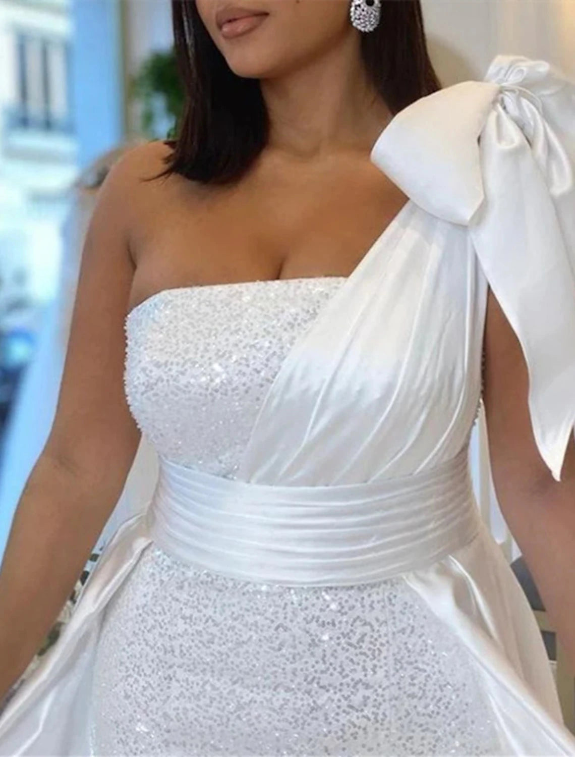 Hall Wedding Dresses Mermaid / Trumpet One Shoulder Sleeveless Chapel Train Sequined Bridal Gowns With Bow(s) SequinHall Wedding Dresses Mermaid / Trumpet One Shoulder Sleeveless Chapel Train Sequined Bridal Gowns With Bow(s) Sequin