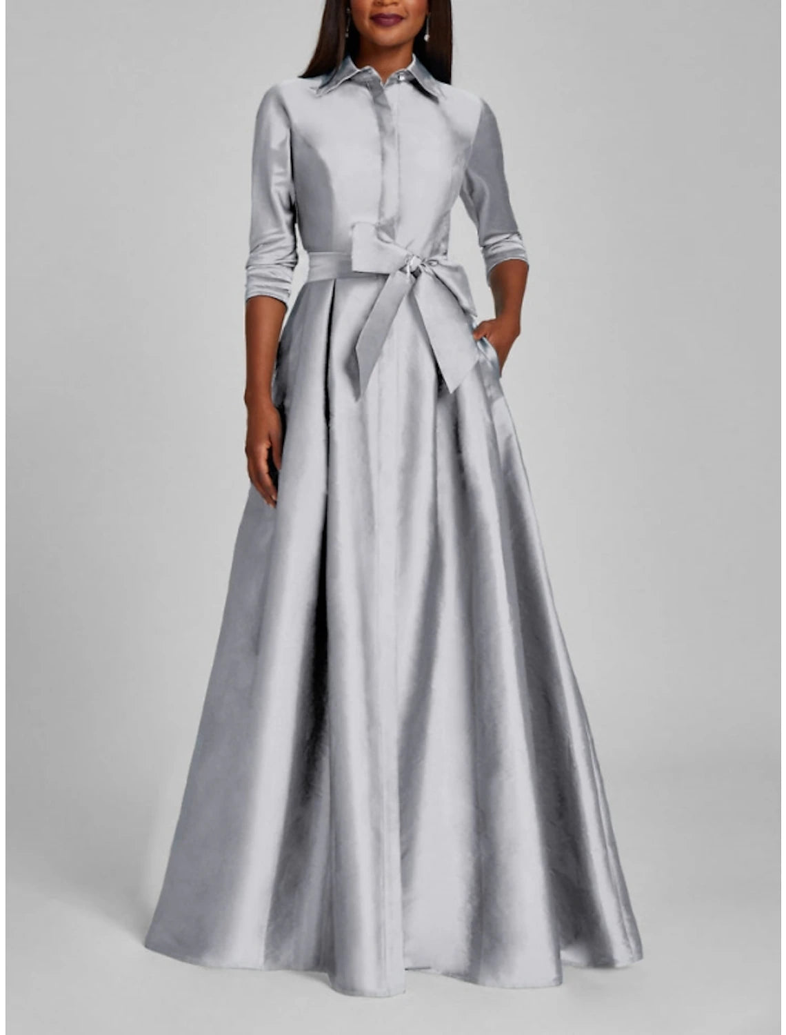 Satin A-Line Evening Gown Minimalist Black Christmas Dress Formal Fall Floor Length Half Sleeve Shirt Collar with Bow(s) Pleats