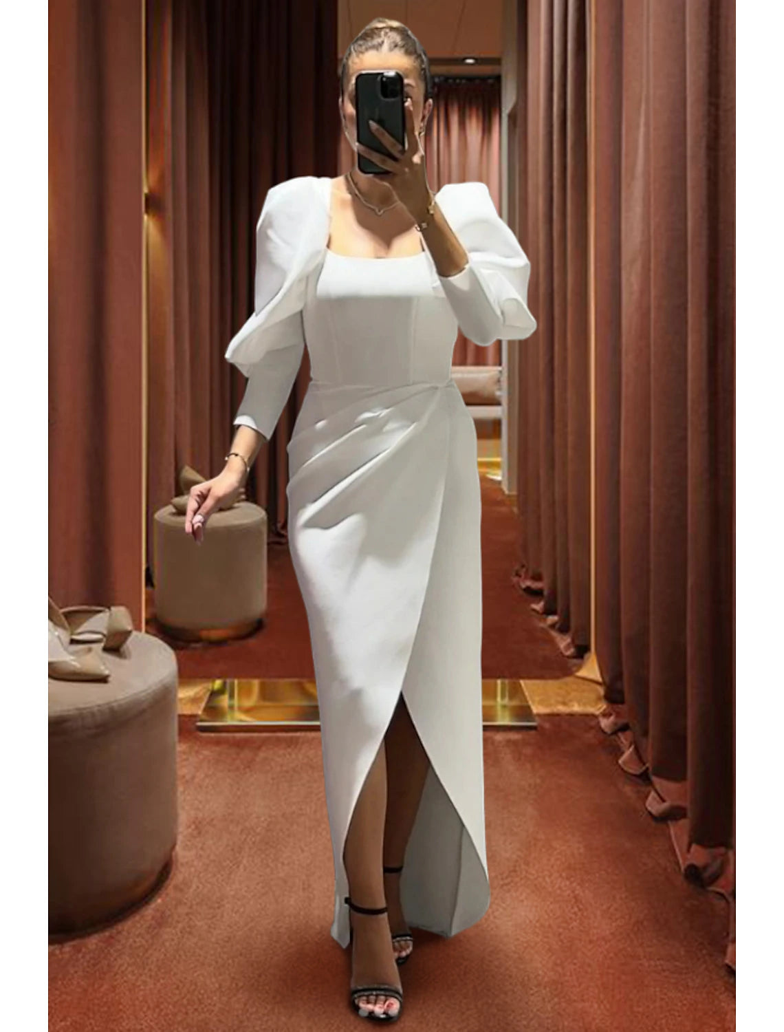 Black Dress Sheath / Column Evening Gown Elegant Dress Formal Fall Asymmetrical 3/4 Length Sleeve Square Neck Stretch Fabric with Ruched