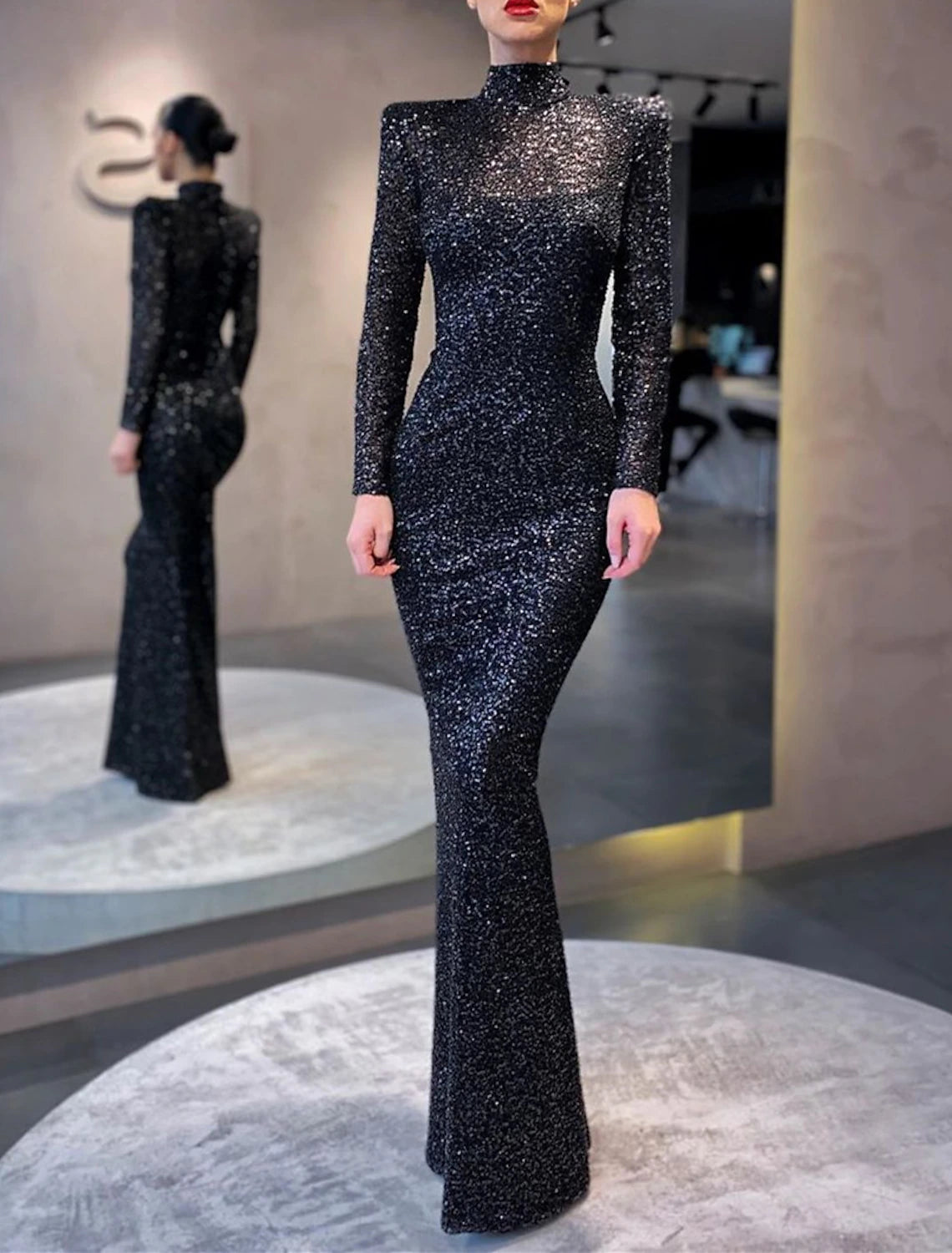 Mermaid Black Dress Evening Gown Sparkle & Shine Dress Formal Cocktail Party Floor Length Long Sleeve High Neck Sequined with Sequin