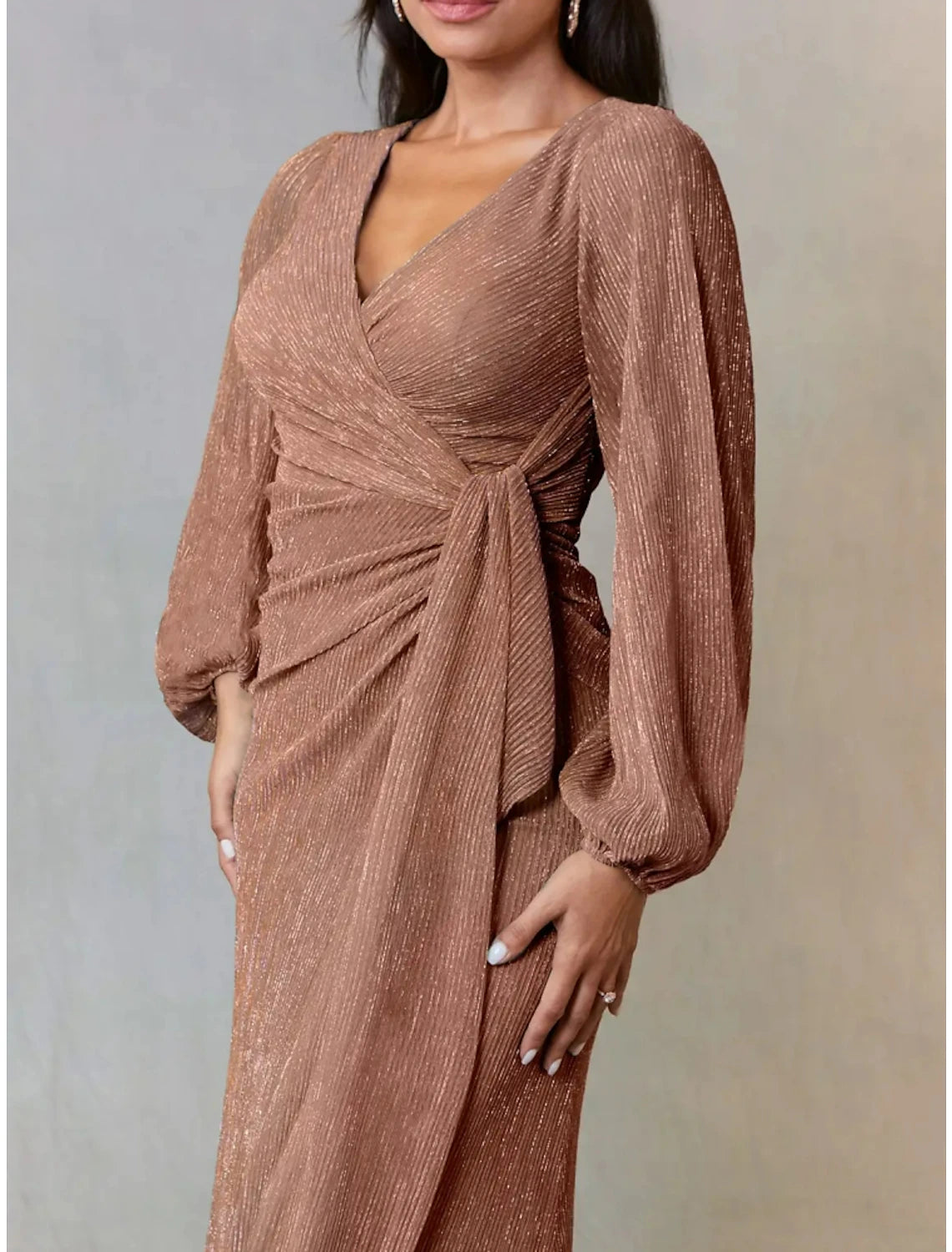 A-Line Mother of the Bride Dress Wedding Guest Simple Elegant V Neck Floor Length Chiffon Long Sleeve with Ruching