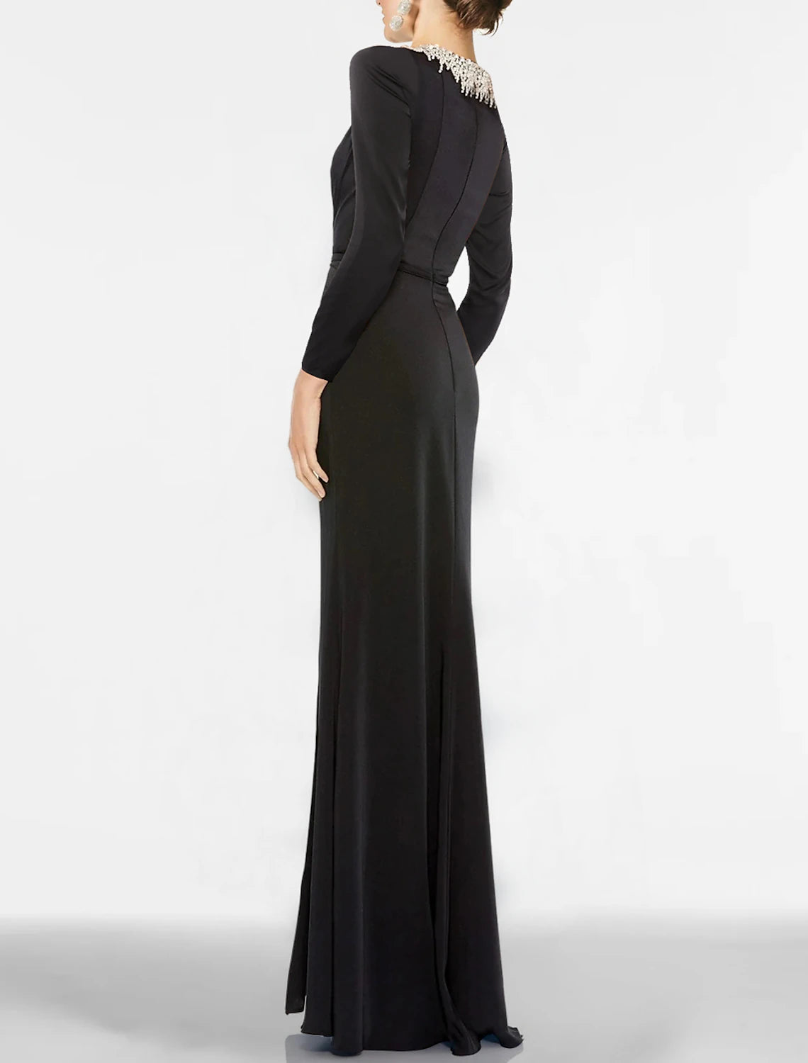 Mermaid Black Dress Plus Size Evening Gown Elegant Dress Formal Wedding Guest Floor Length Long Sleeve Jewel Neck Gothic Stretch Fabric with Rhinestone