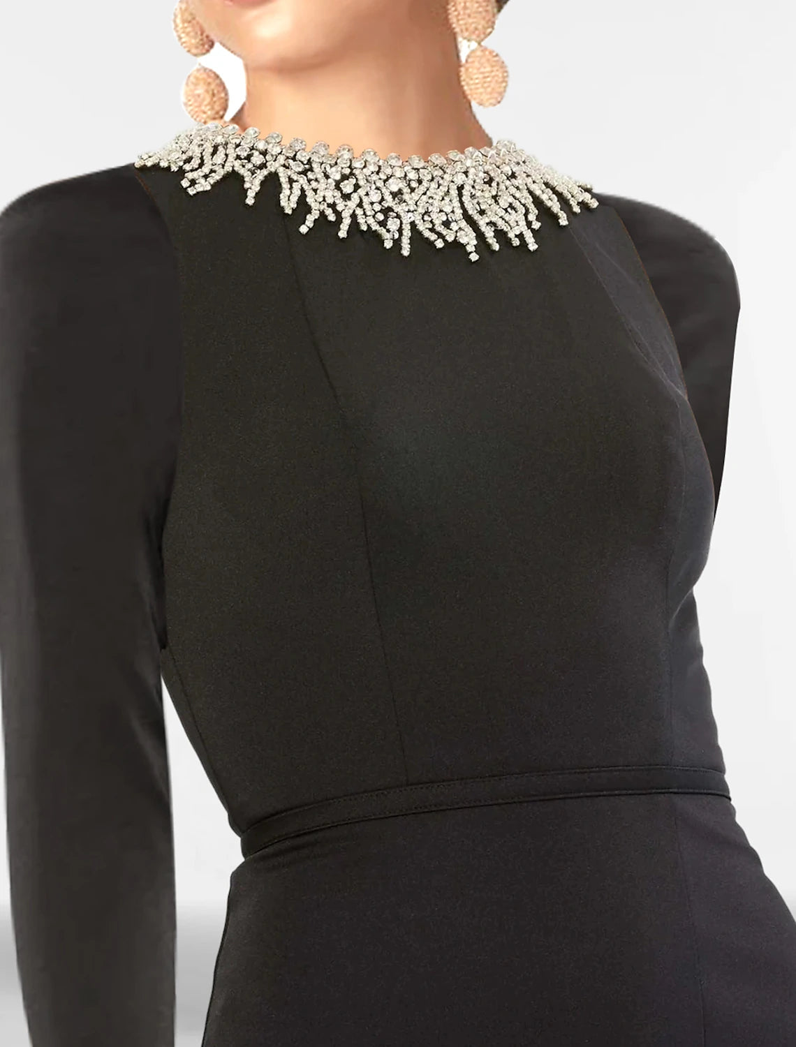 Mermaid Black Dress Plus Size Evening Gown Elegant Dress Formal Wedding Guest Floor Length Long Sleeve Jewel Neck Gothic Stretch Fabric with Rhinestone