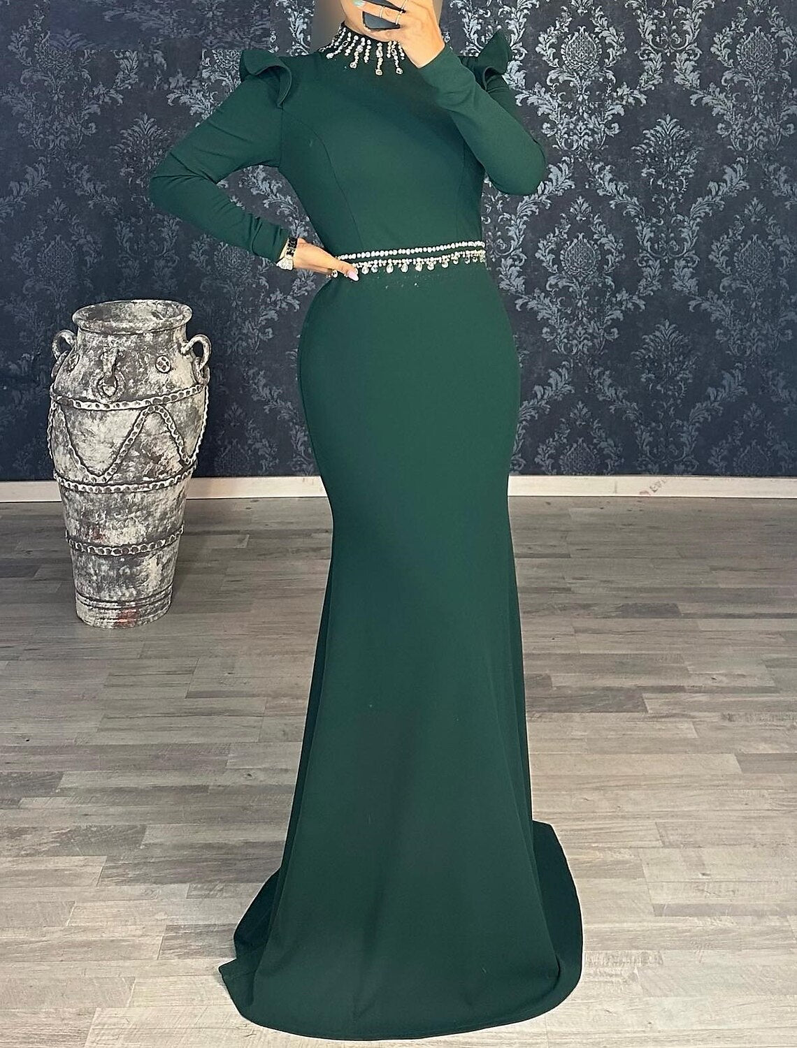 Mermaid Black Dress Evening Gown Elegant Dress Formal Masquerade Floor Length Long Sleeve High Neck Stretch Fabric with Rhinestone