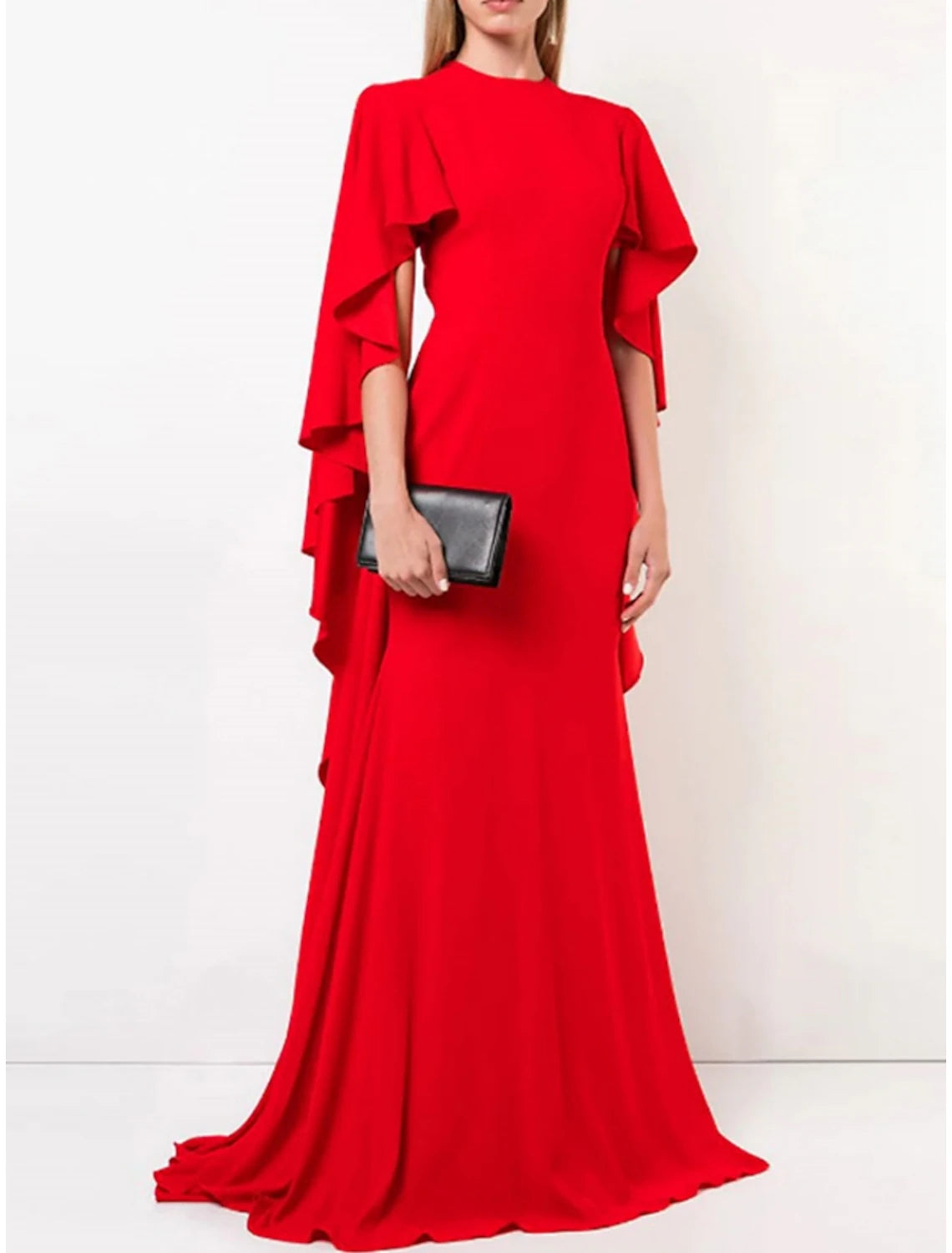 A-Line Evening Gown Elegant Dress Formal Sweep / Brush Train Long Sleeve Jewel Neck Stretch Chiffon with Pleats Ruffles