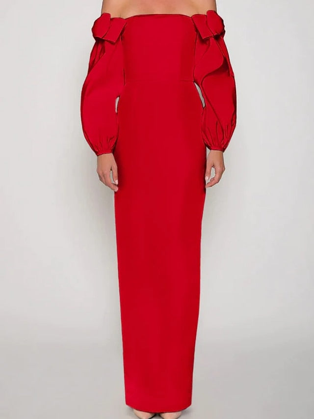 Sheath / Column Evening Gown Elegant Dress Formal Christmas Ankle Length Long Sleeve Off Shoulder Satin with Bow(s) Ruched