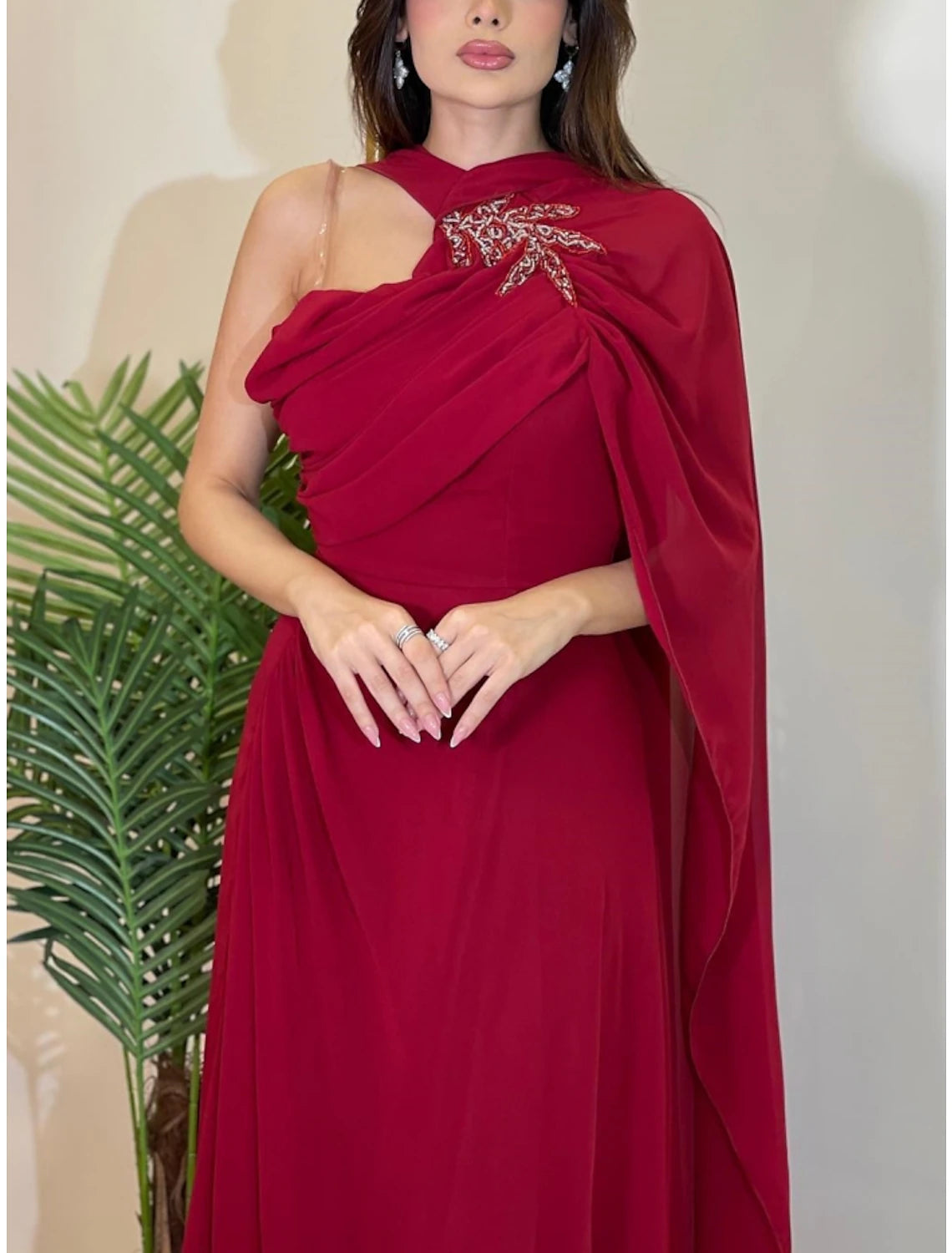 A-Line Evening Gown Elegant Dress Formal Sweep / Brush Train Christmas Red Green Dress Sleeveless Halter Neck Stretch Chiffon with Pleats Ruched Shouder Flower