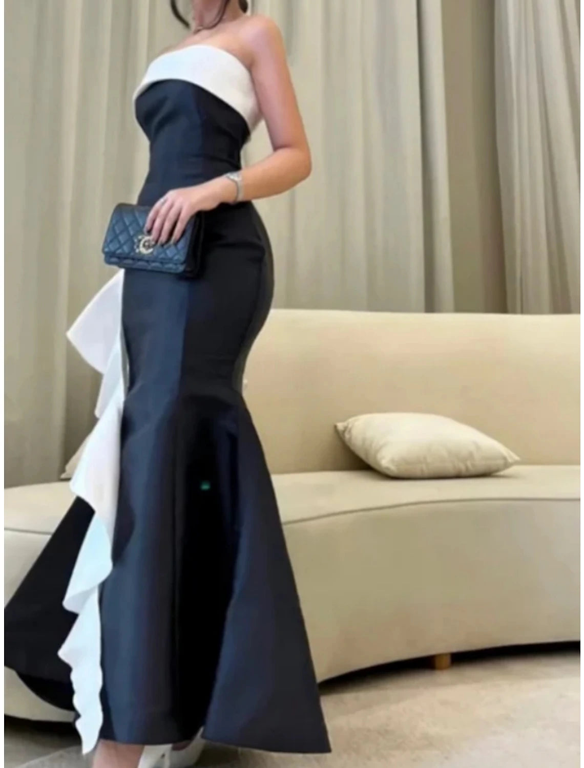 A-Line Evening Gown Elegant Dress Formal Ankle Length Black Dress Sleeveless Strapless Satin with Ruffles