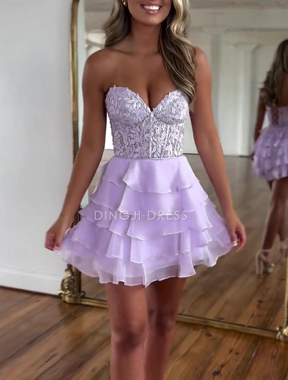 DingJiDress Hot Sale Short Prom Dress A-Line Corsets Dress Holiday Graduation Sleeveless Strapless Lace with Appliques Tiers Exquisite New Homecoming Dress