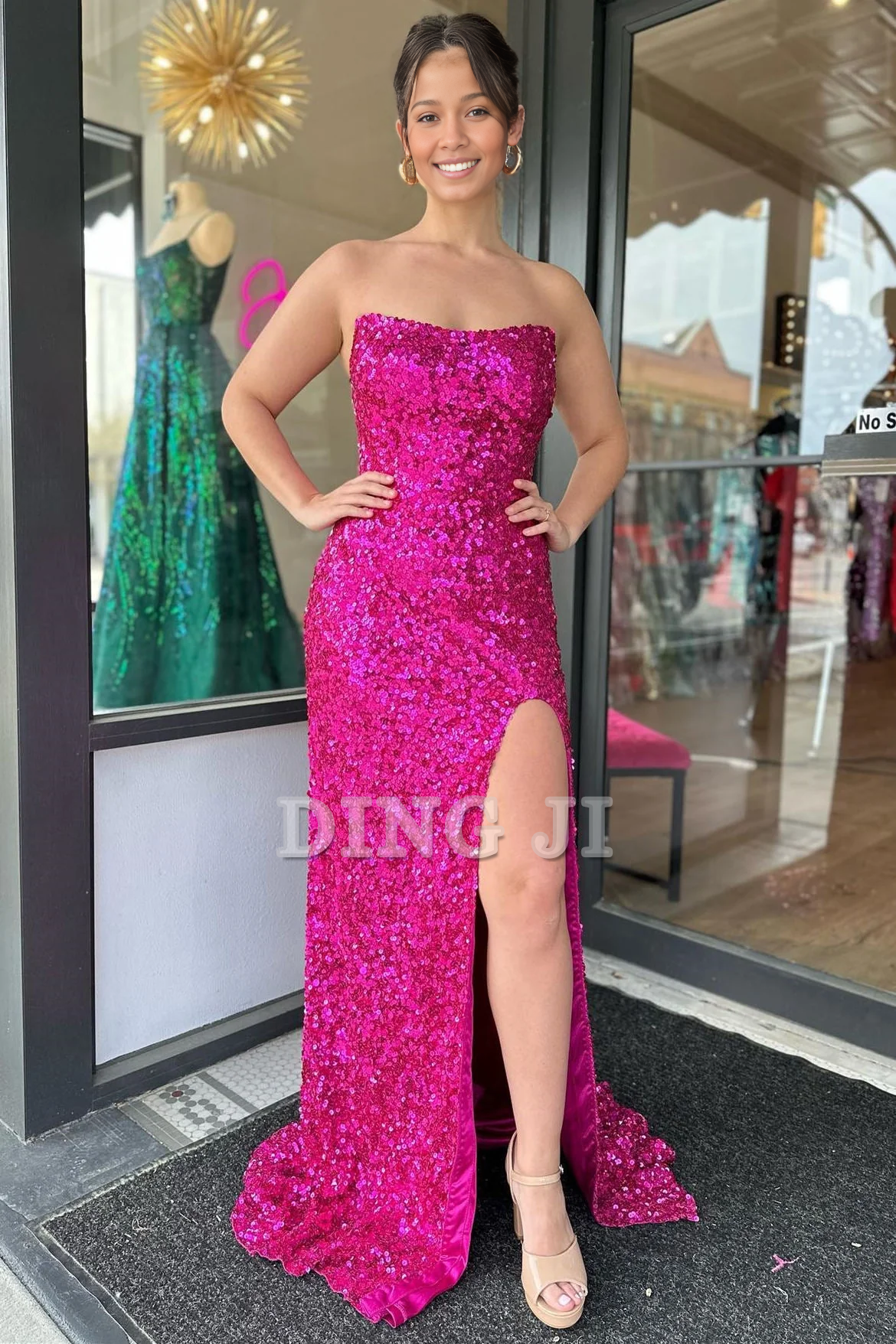DingJiDress Sparkle Charming Evening Dress Strapless Sequins Long Prom Dress Side Fork Sparkle Formal Wear Dresses Wedding Guest Dresses