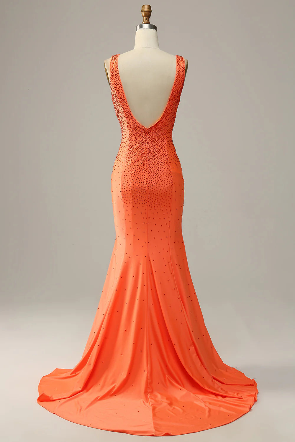 DingJiDress Mermaid V Neck Orange Long Prom Dress with Beading