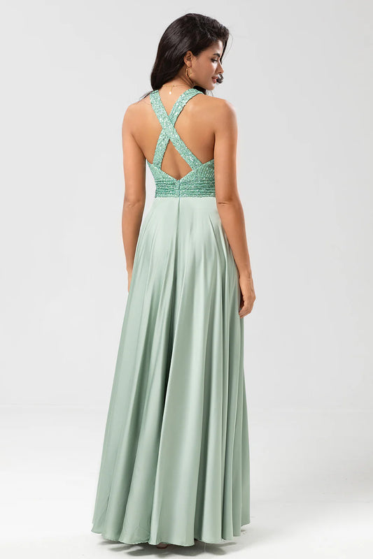 DingJiDress Elegant A Line Matcha Prom Dresses V-Neck Sequin Top Matcha Long Bridesmaid Dress with Beading