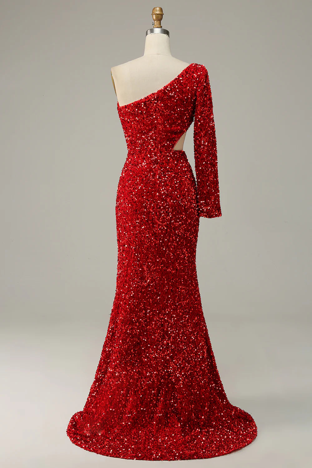 DingJiDress Mermaid One Shoulder Red Sequins Cut Out Prom Dress with Slit Front