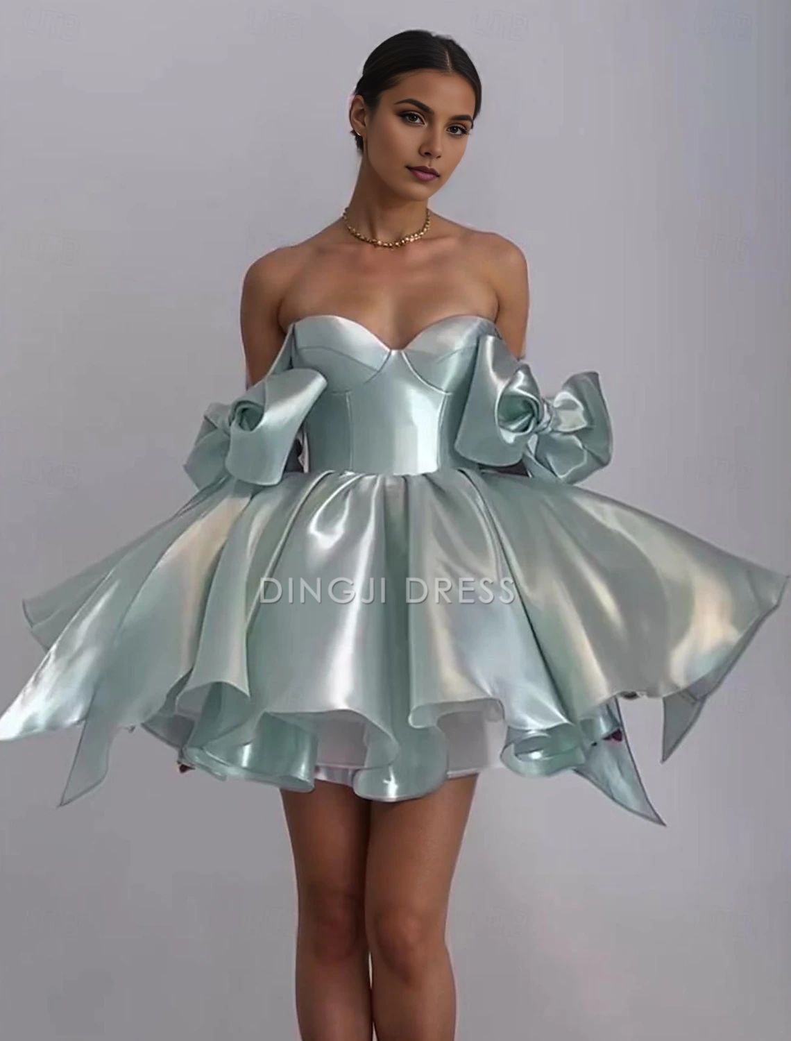 DingJiDress Hot Sale Short Prom Dress A-Line Corsets Dress Holiday Graduation Sleeveless Off Shoulder Satin with Bow(s) Cute New Homecoming Dress