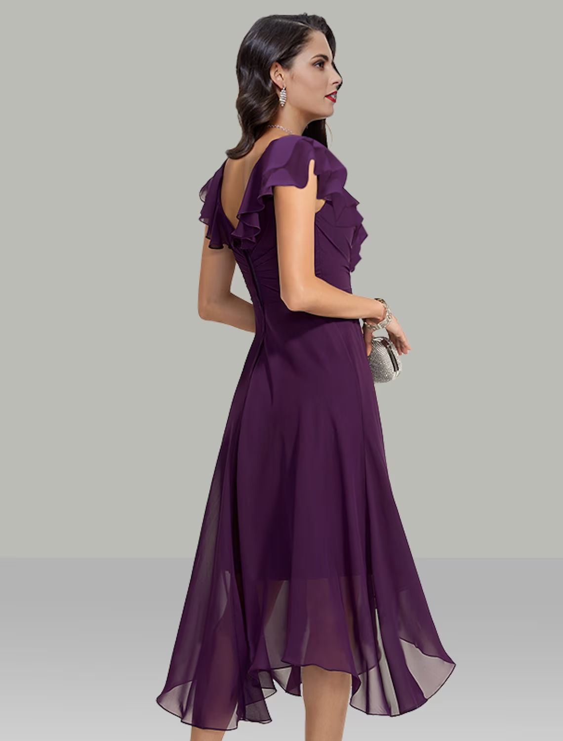 A-Line Wedding Guest Dresses Elegant Dress Cocktail Party Short Sleeve V Neck Chiffon with Rhinestone Evening Dresses