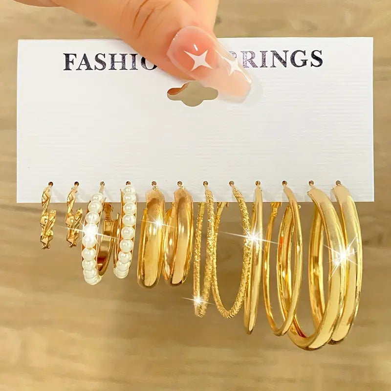 DingJi 18 Pairs Golden Metal, Faux Pearl & Crystal Embellished Large Hoop Earrings Set, Classic Style, Fashion Statement Jewelry For Women