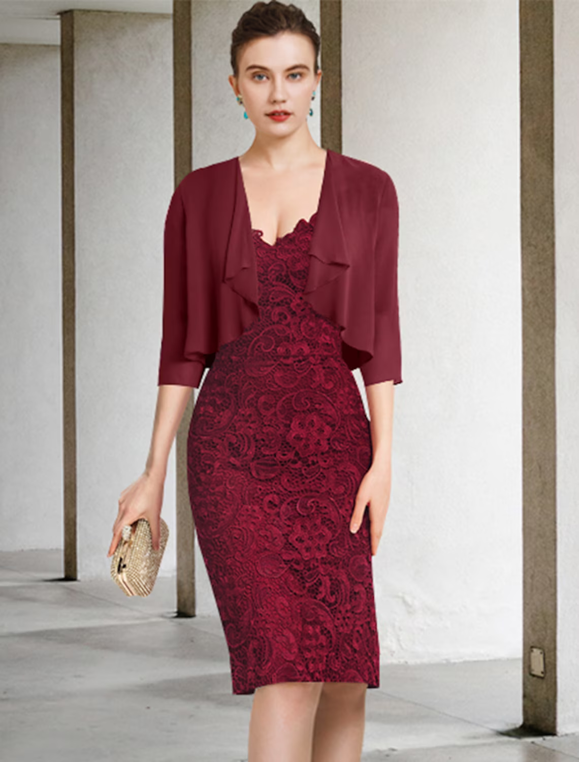 Two Piece Mother of the Bride Dress Formal Wedding Guest Party Elegant Off Shoulder Knee Length Chiffon Lace Short Sleeve with Appliques