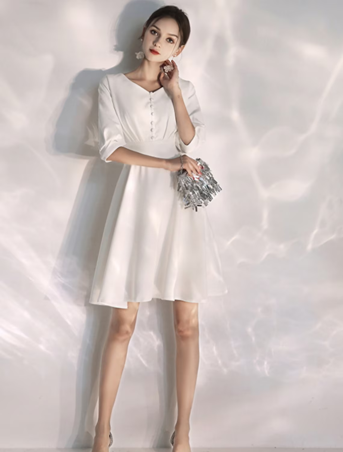 Bachelorette Party Little White Dresses Wedding Dresses Knee Length A-Line Half Sleeve V Neck Stretch Fabric