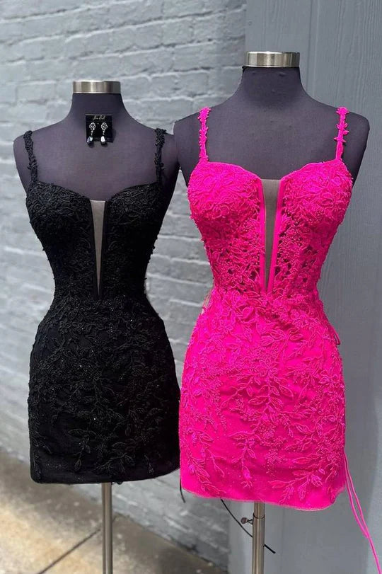 DingJiDress Homecoming Dress Fuchsia Spaghetti Straps Applique Tight Graduation Dresses
