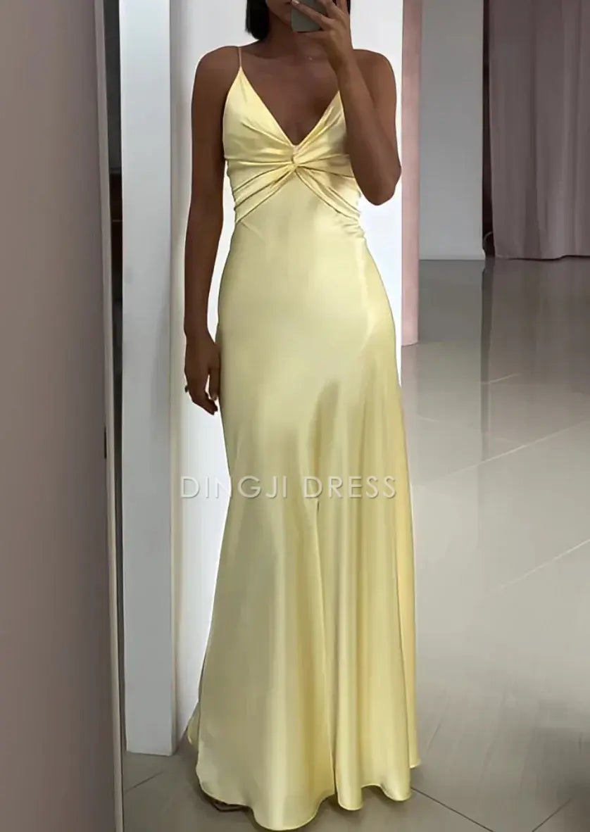 DingJiDress V Neck Spaghetti Strap Sheath Long Exquisite Charming Prom Dress